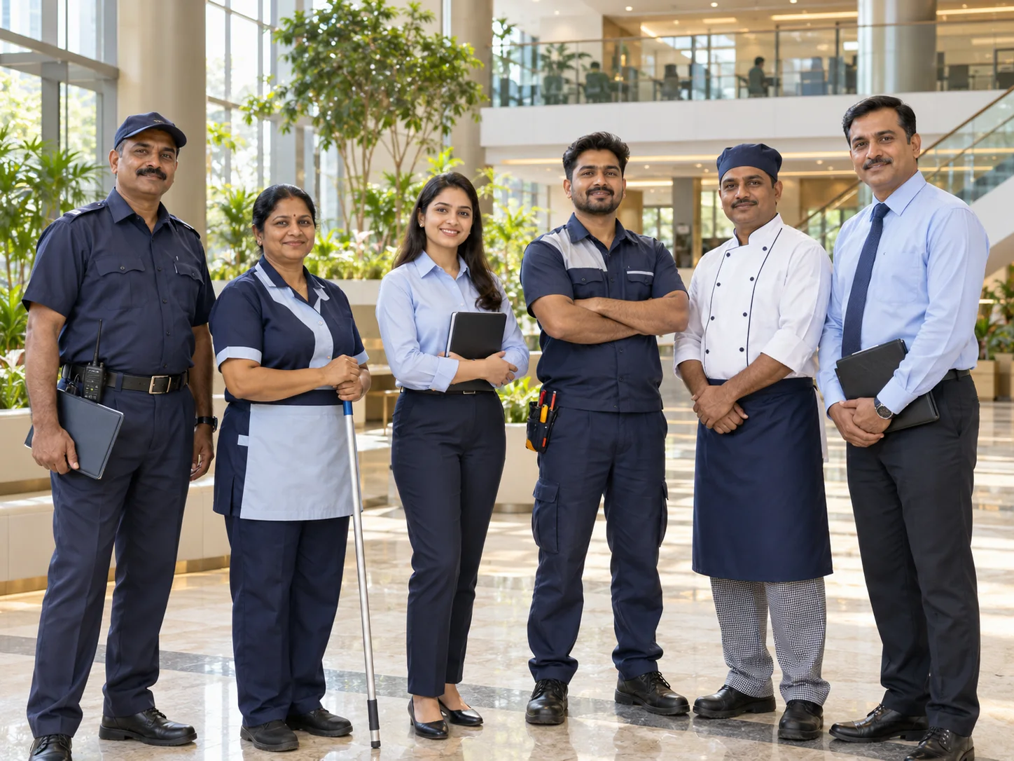 A uniformed service team standing together and smiling